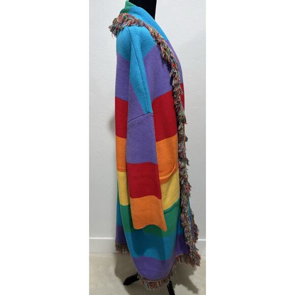 Dressed in LALA Luxe Fringe Blanket Cardigan in Chasing Rainbows Size S/M - Picture 6 of 9